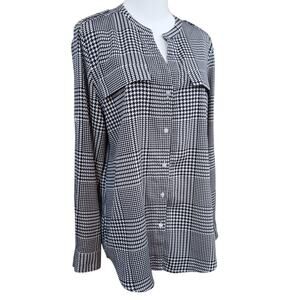 CALVIN KLEIN Classic Houndstooth Blouse Top Large‎ Career Dressy Office V-Neck